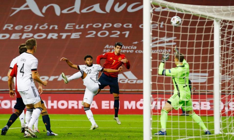 Álvaro Morata scores Spain’s first goal goal against Germany.