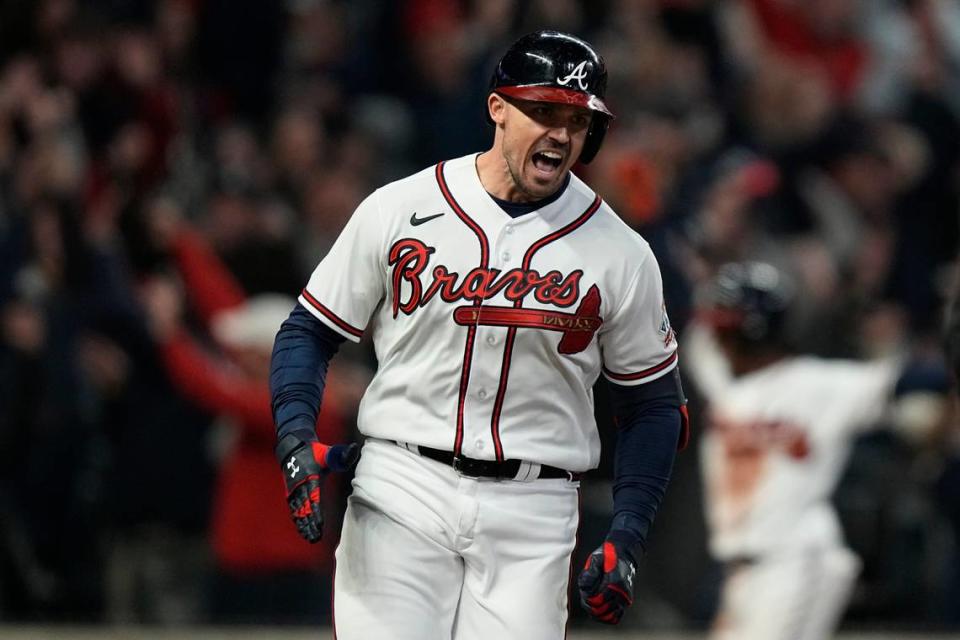 Atlanta’s Adam Duvall celebrated after hitting a grand slam during the first inning of Game 5 of baseball’s World Series between the Houston Astros and the Braves. Atlanta won the World Series four games to two.