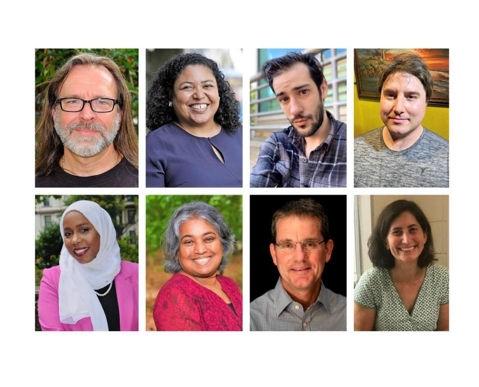 Eight candidates — Robert Beasley (from left), Camille Berry, Andrew Creech, Jeffrey Hoagland, Paris Miller-Foushee, Vimala Rajendran, Adam Searing and Karen Stegman — are running for four seats on the Chapel Hill Town Council.