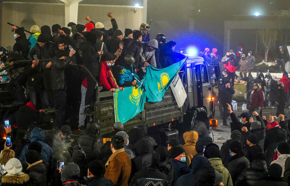 Protesters take part in a rally over a hike in energy prices in Almaty, Kazakhstan, on Jan. 5, 2022.<span class="copyright">Abduaziz Madyarov—AFP/Getty Images</span>