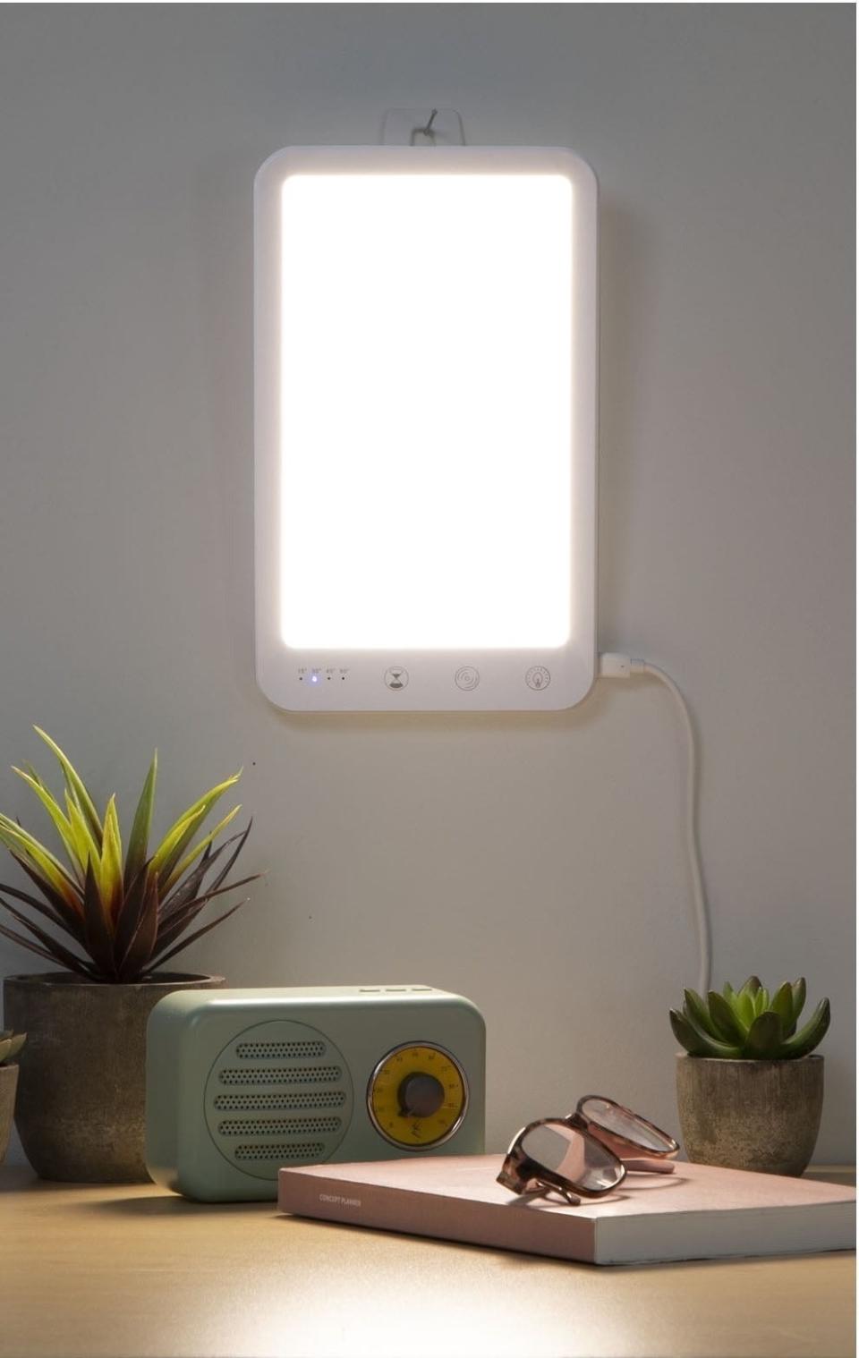 Therapy lamp hangs on a wall