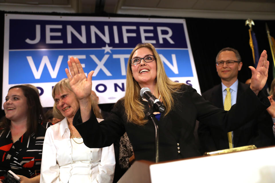 Representative-elect Jennifer Wexton, a Democrat from Virginia, center, speaks during an election night rally in Dulles, Virginia, U.S., on Tuesday, Nov. 6, 2018. Wexton defeated two-term Republican incumbent Barbara Comstock, ousting a Republican in a northern Virginia district that was arguably the top target for Democrats in their effort to take back the House majority, according to projections from NBC and CNN. (Photo: Andrew Harrer/Bloomberg via Getty Images)