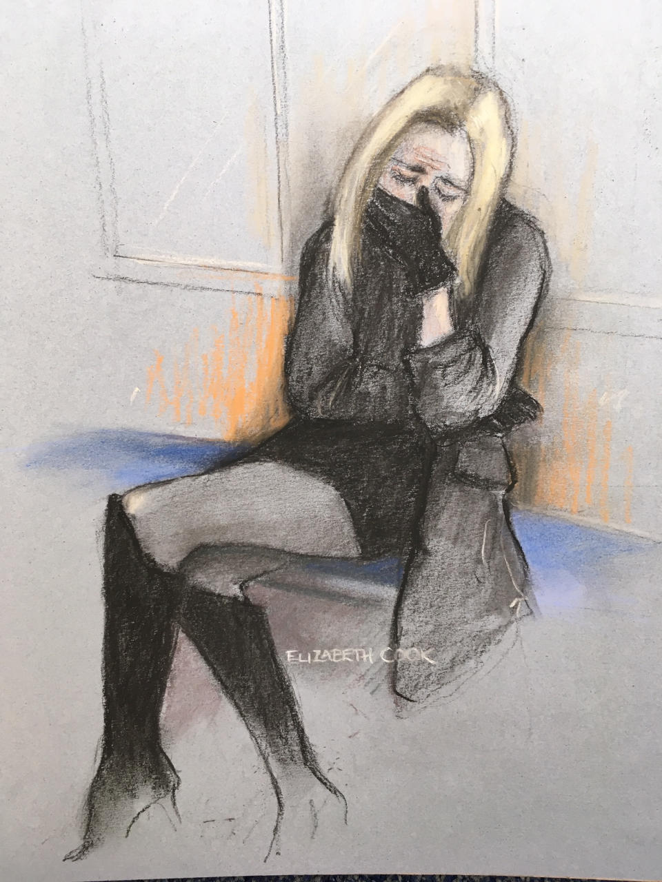 Court artist sketch by Elizabeth Cook of TV presenter Caroline Flack appearing at Highbury Corner Magistrates' Court where the Love Island presenter plead not guilty to assaulting her boyfriend Lewis Burton. (PA)