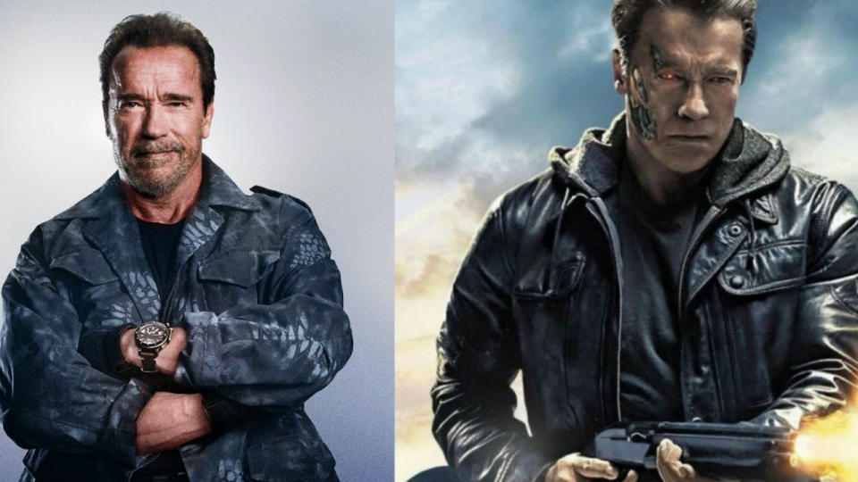 Arnold Schwarzenegger in The Expendables 2 (L) and in Terminator Genisys