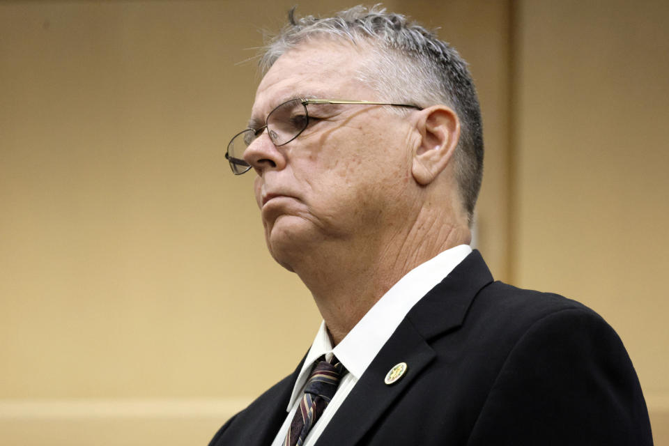 Former Marjory Stoneman Douglas High School School Resource Officer Scot Peterson is shown in court during a motions hearing in his case at the Broward County Courthouse in Fort Lauderdale, Fla., on Monday, May 22, 2022. Broward County prosecutors charged Peterson, a former Broward Sheriff's Office deputy, with criminal charges for failing to enter the 1200 Building at the school and confront the shooter, Nikolas Cruz, during a mass shooting at the Parkland high school five years ago. (Amy Beth Bennett/South Florida Sun-Sentinel via AP, Pool)