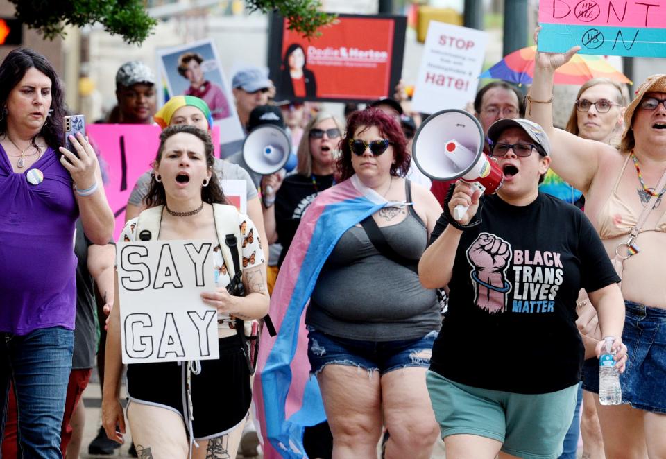 The Rainbow PAC of Northwest Louisiana hosted a protest against Louisiana bills HB466, HB81, and HB648 for the LGBTQ+ community in front of the courthouse in downtown Shreveport on May, 20, 2023.