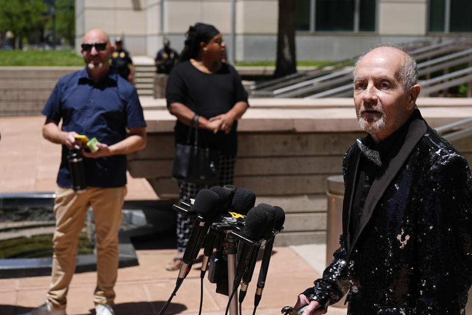 Ed Sanders, right, speaks after the sentencing of Anderson Lee Aldrich, the shooter who killed five people and injured 19 others at a Colorado Springs LGBTQ+ club, at a hearing in federal court Tuesday, June 18, 2024, in Denver. (AP Photo/David Zalubowski)