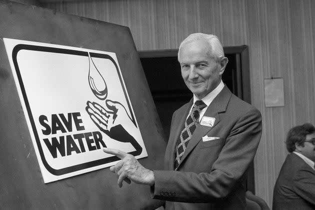 Lord Nugent, chairman of the National Water Council, with the new 'Save Water' symbol in 1976. (Photo: PA Images via Getty Images)
