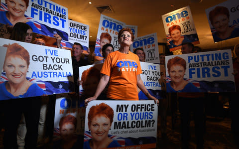 Pauline Hanson with supporters during a function on election night in the city of Ipswich, west of Brisbane - Credit: Dan Peled/Reuters