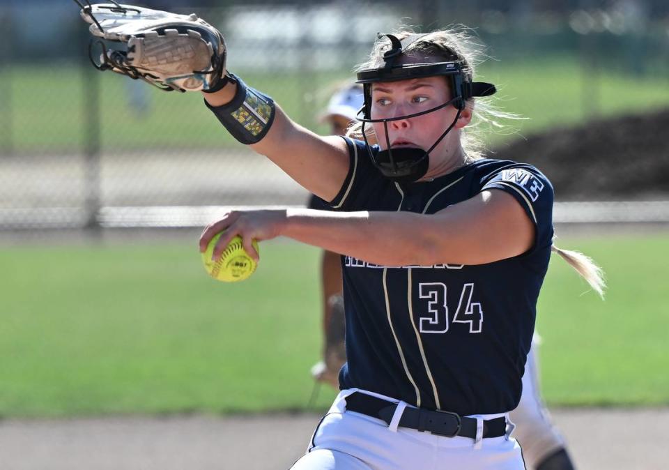 Central Catholic pitcher Randi Roelling delivers to the batter during the Northern California Regional Division III semifinal playoff game with Pleasant Valley at Central Catholic High School in Modesto, Calif., Thursday, June 1, 2023.