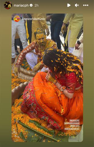 <p>Maria Ramirez/Instagram</p> Rishi and Maria are seen participating in their Haldi ceremony as part of Indian wedding tradition.
