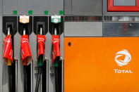 Gasoline pumps display placards that read "out of order" at a Total petrol station in Bouguenais near Nantes, France, May 24, 2016. REUTERS/Stephane Mahe