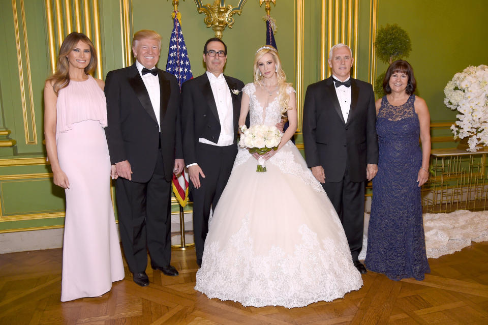 The wedding of Treasury Secretary Steven Mnuchin and actress Louise Linton in June was attended by President Donald Trump and first lady Melania Trump and Vice President Mike Pence and his wife, Karen Pence. (Photo: Kevin Mazur via Getty Images)