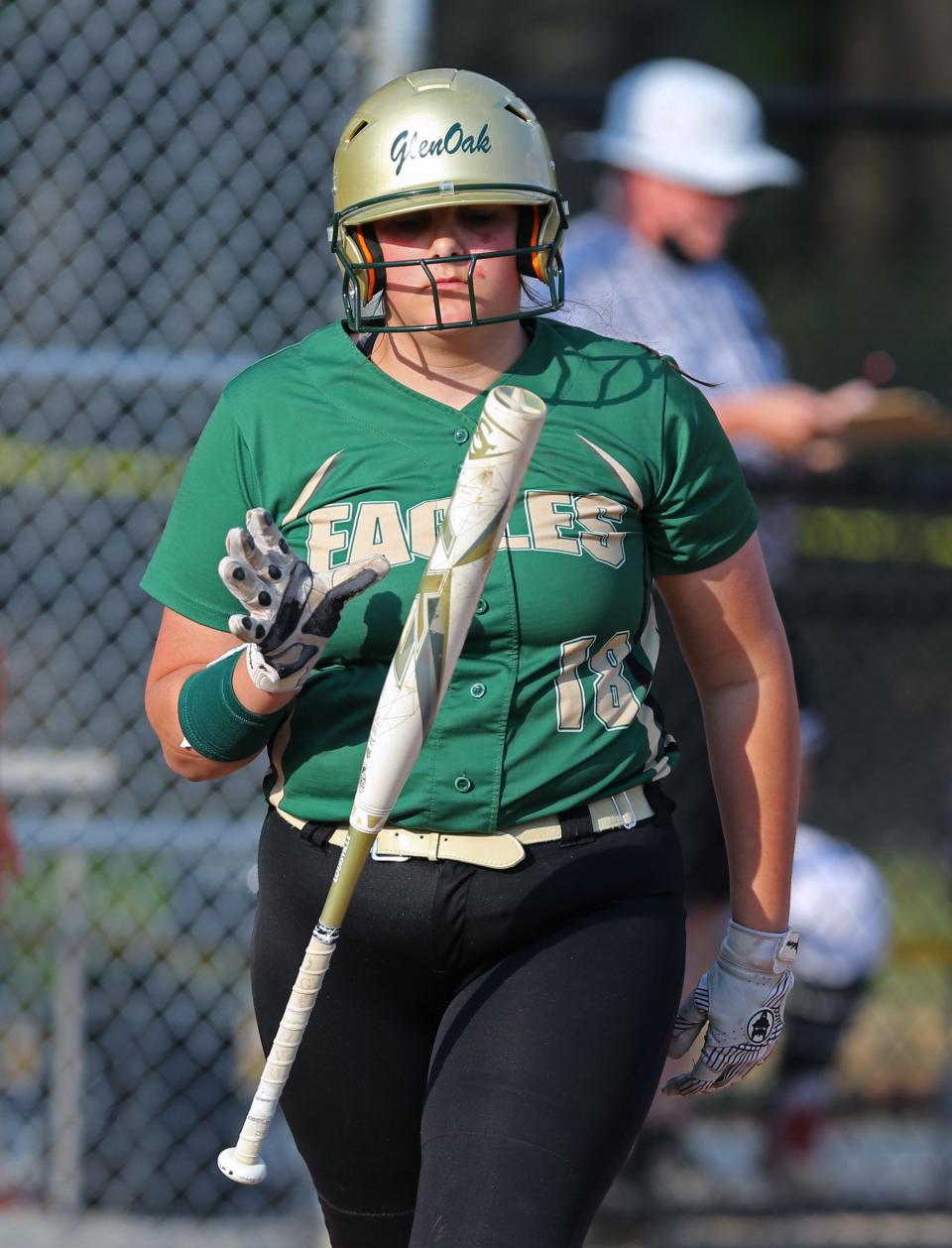 Emma Borkowski of GlenOak flips her bat after striking out during their game at Perry on Wednesday, April 7, 2021.