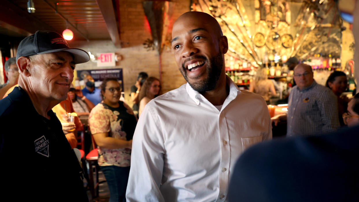 Wisconsin Lt. Gov. Mandela Barnes greets guests during a Senate campaign event in Milwaukee. 