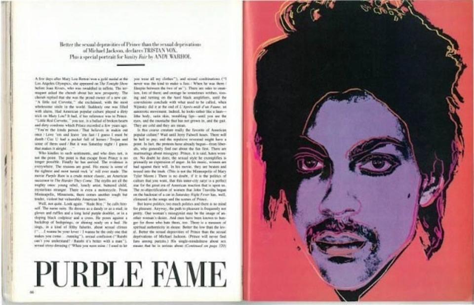 A 1984 purple silkscreen portrait of Prince created by Andy Warhol to illustrate an article in Vanity Fair. <a href="https://www.supremecourt.gov/opinions/22pdf/21-869_87ad.pdf" rel="nofollow noopener" target="_blank" data-ylk="slk:U.S. Supreme Court;elm:context_link;itc:0;sec:content-canvas" class="link ">U.S. Supreme Court</a>