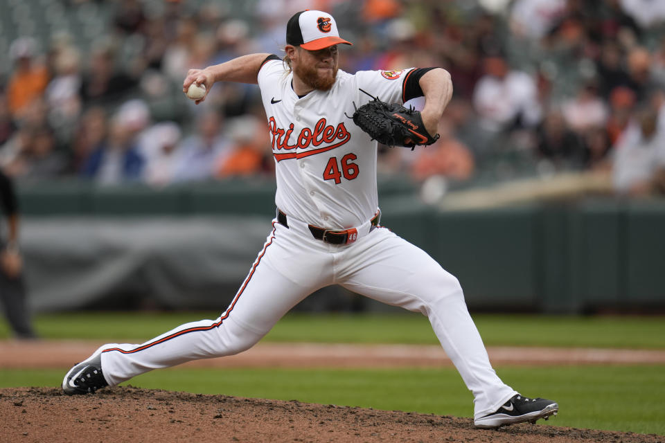 Baltimore Orioles relief pitcher Craig Kimbrel throws to the Minnesota Twins during the ninth inning of a baseball game, Wednesday, April 17, 2024, in Baltimore. The Orioles won 4-2. (AP Photo/Jess Rapfogel)