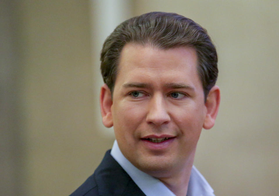 Former Austrian Chancellor Sebastian Kurz appears at court for the expected verdict of his trial in Vienna, Austria, Friday, Feb.23, 2024. Kurz is charged with having allegedly making false statements to a parliamentary inquiry into alleged corruption in his first government. (AP Photo/Heinz-Peter Bader)
