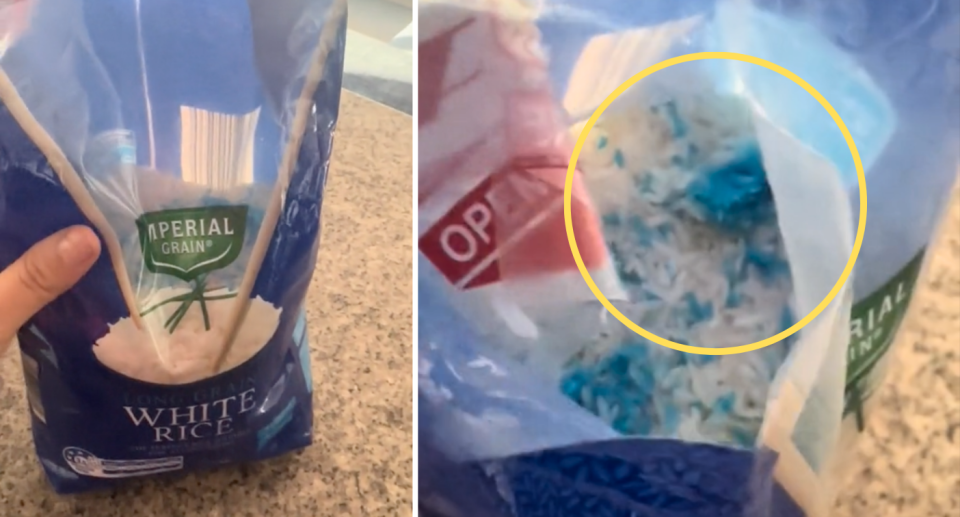 Image of Aldi's Imperial Grain white rice with blue substance inside.