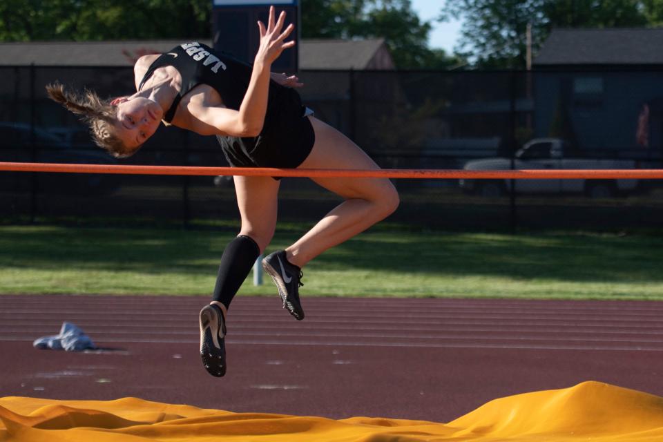 Jasper’s Ava Englert clears 5’4” during the 2023 Southern Indiana Athletic Conference Girls Track & Field meet at Central High School in Evansville, Ind., Wednesday, May 3, 2023.