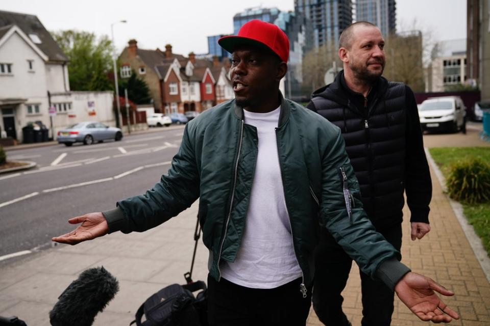 Dizzee Rascal arrives at Croydon Magistrates’ Court (PA)