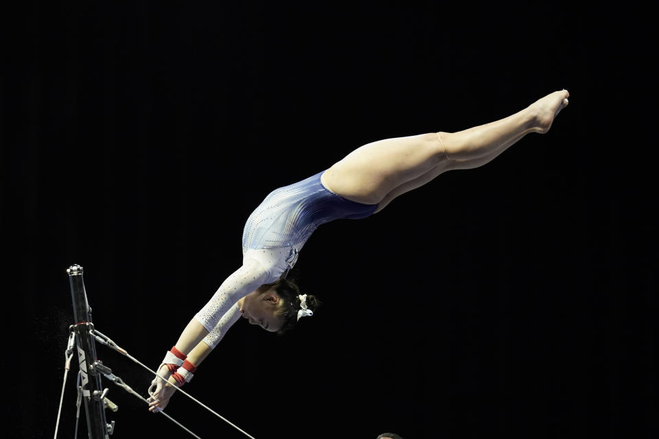 FILE - Emily Lee performs on the uneven bars during the Winter Cup gymnastics competition in Indianapolis, in this Saturday, Feb. 27, 2021, file photo. Lee is among the 18 women competing at the 2021 U.S. Olympic Trials in St. Louis starting on Friday night, June 25. (AP Photo/Darron Cummings, File)