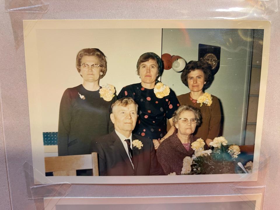 Julia Kopriva, Lucy Pochop and Frances Kompus, from left to right in the back row, in 1967 celebrating the 50th wedding anniversary of their parents, Florian and Frances Holub, left and right in front.