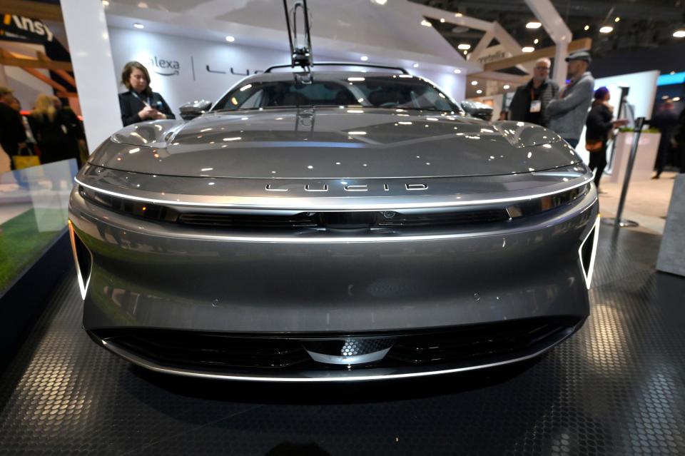 A Lucid electric car equipped with Alexa Built-In is displayed at the Amazon for Automotive booth at CES 2023 at the Las Vegas Convention Center on January 05, 2023 in Las Vegas, Nevada.