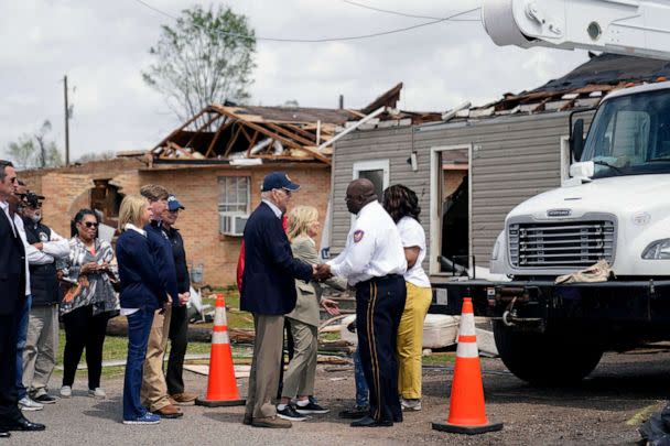 PHOTO: President Joe Biden and first lady Jill Biden speak with those impacted by last week's deadly tornado and severe storm in Rolling Fork, Miss., March 31, 2023. (Carolyn Kaster/AP)