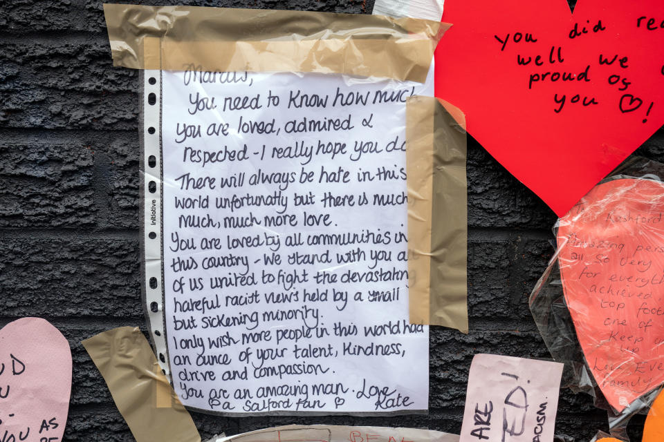 A message left on the mural of Manchester United striker and England player Marcus Rashford on the wall of the Coffee House Cafe on Copson Street, Withington, which was vandalised after the England football team lost the UEFA Euro 2021 final.