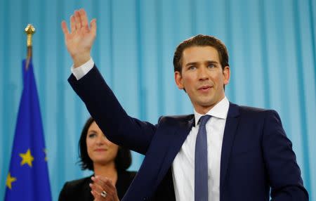 Top candidate of the People's Party (OeVP) Sebastian Kurz attends his party's victory celebration meeting in Vienna, Austria, October 15, 2017. REUTERS/Dominic Ebenbichler