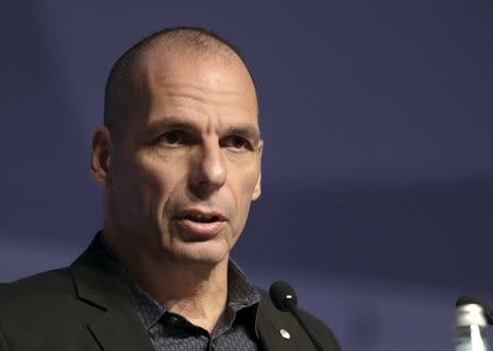 Minister of Finance of Greece Yanis Varoufakis speaks at a news conference during an informal meeting of Ministers for Economic and Financial Affairs (ECOFIN) in Riga, Latvia, April 24, 2015. REUTERS/Ints Kalnins