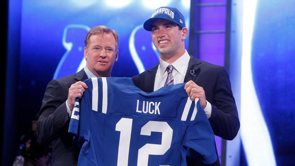 Mandatory Credit: Photo by Jason Decrow/AP/Shutterstock (9279557at)Stanford quarterback Andrew Luck poses for photographs with NFL Commissioner Roger Goodell after he was selected as the first pick overall by the Indianapolis Colts in the first round of the NFL football draft at Radio City Music Hall in New YorkNFL Draft Football, New York, USA - 26 Apr 2012.