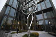 FILE- In this Monday Dec. 1, 2020, file photo the exterior of the European Medicines Agency is seen in Amsterdam, Netherlands. The European Commission defended its coronavirus vaccination strategy Monday amid growing criticism in member states about the slow rollout of COVID-19 shots across the region with 450 million inhabitants. (AP Photo/Peter Dejong, File)