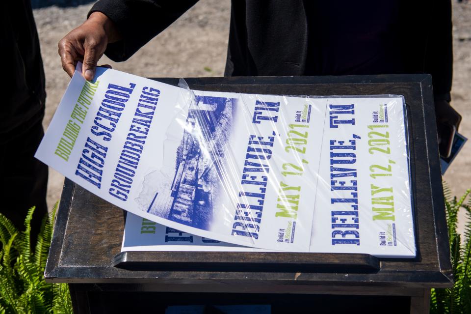 Posters commemorate a groundbreaking ceremony at the future site of a new high school in Bellevue on May 12, 2021 in Bellevue, Tenn. Metro Nashville Board of Education members hope to vote on a name for the new school, which will replace the current Hillwood High School, this fall.