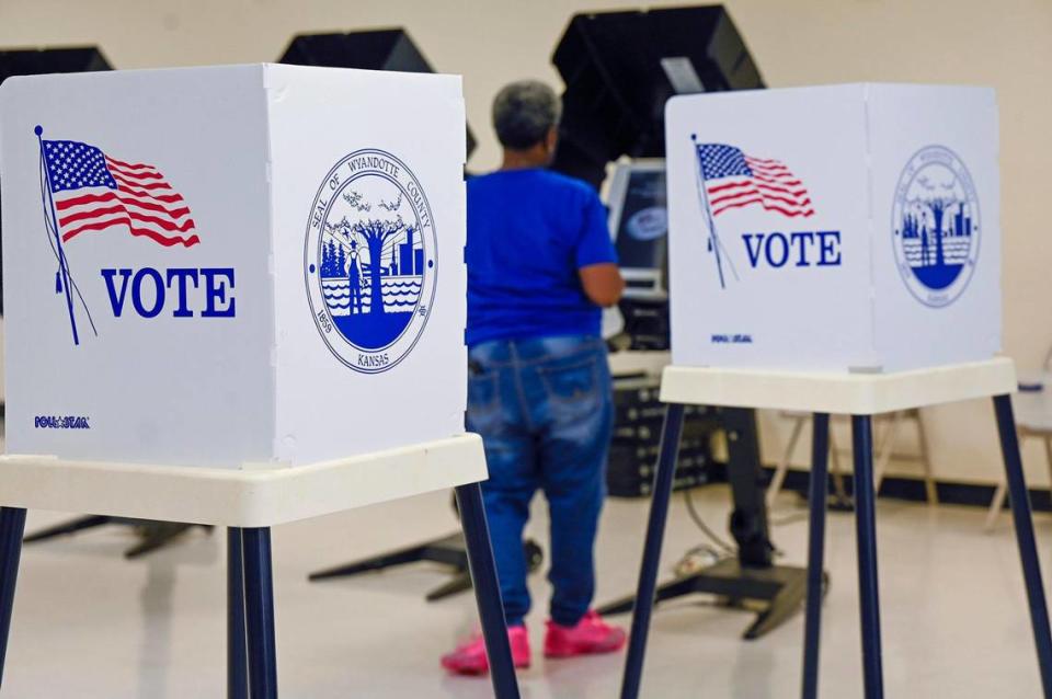 A voter cast a ballot in the general election at the Bethany Community Center on Tuesday, Nov. 7, 2023, in Kansas City, Kansas.