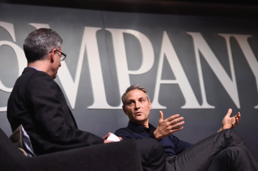 NEW YORK, NY - NOVEMBER 09: Editor-in-Chief of Fast Company, Robert Safian (L) and co-CEO of William Morris Endeavor Ari Emanuel speak onstage during 'The Next Intersection For Hollywood with William Morris Endeavor's Ari Emanuel, Patrick Whitesell and Dwayne "The Rock" Johnson' at the Fast Company Innovation Festival on November 9, 2015 in New York City. (Photo by Ilya S. Savenok/Getty Images for Fast Company)