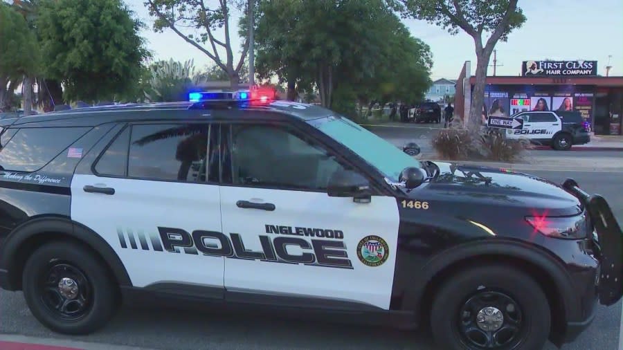 Two people were killed and three others remain hospitalized after a shooting in Inglewood on Oct. 7, 2023. (KTLA)
