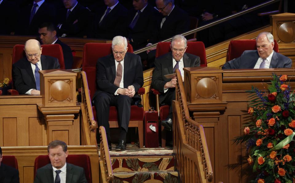 General authorities listen during th prayer during the funeral for President M. Russell Ballard of The Church of Jesus Christ of Latter-day Saints at the Tabernacle in Salt Lake City on Friday, Nov. 17, 2023. | Jeffrey D. Allred, Deseret News