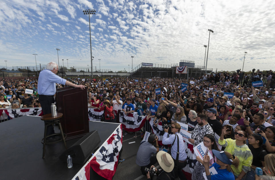 Democratic presidential candidate Sen. Bernie Sanders, I-Vt., speaks at a campaign event at Valley High School in Santa Ana, Calif., Friday, Feb. 21, 2020. (AP Photo/Damian Dovarganes)