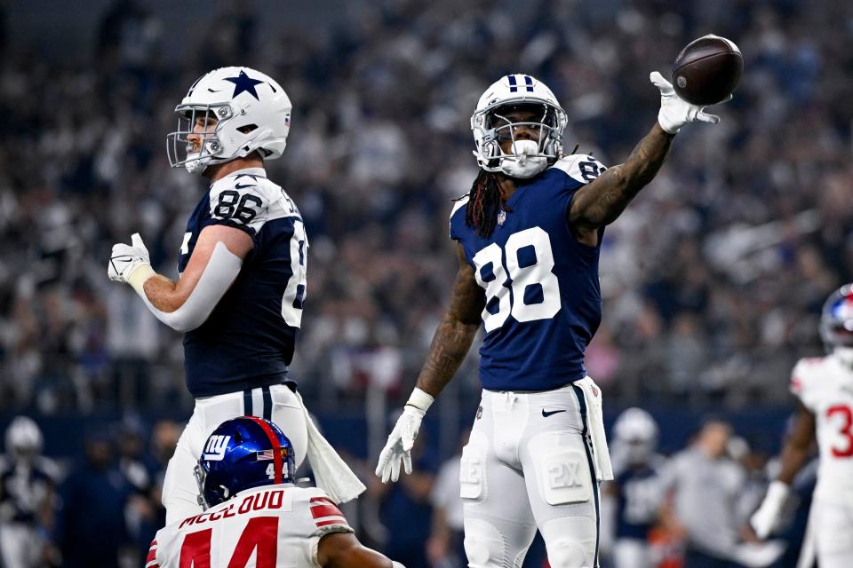 Dallas Cowboys wide receiver CeeDee Lamb celebrates making a first down against the New York Giants.