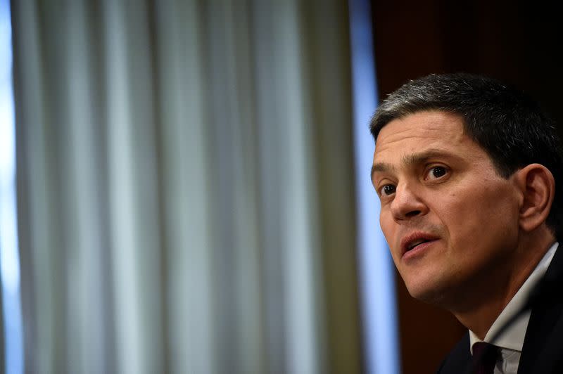 FILE PHOTO: International Rescue Committee CEO David Miliband testifies before the Senate Foreign Relations Committee at a hearing titled "The Humanitarian Impact of Eight Years of War in Syria" in Washington