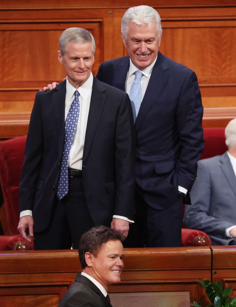 Elder David A. Bednar and Elder Dieter F. Uchtdorf pose for a photo with Donny Osmond prior to the 193rd Semiannual General Conference of The Church of Jesus Christ of Latter-day Saints at the Conference Center in Salt Lake City on Saturday, Sept. 30, 2023. | Jeffrey D. Allred, Deseret News