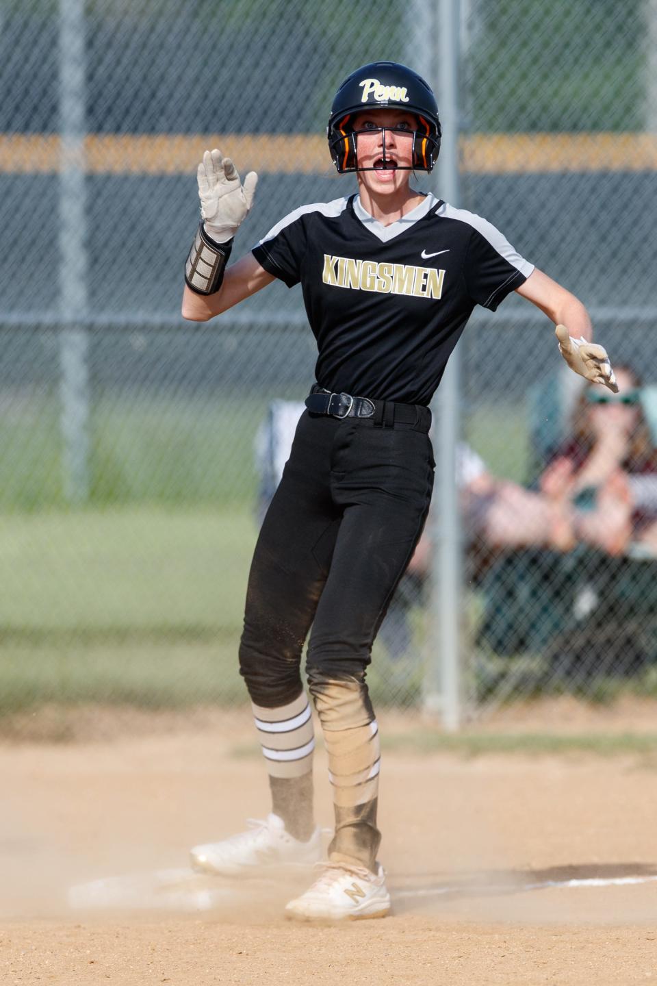 Penn’s Izabella Hanna reacts to play during the Mishawaka-Penn high school 4A sectional softball game on Tuesday, May 24, 2022, at Ward Baker Park in South Bend, Indiana.