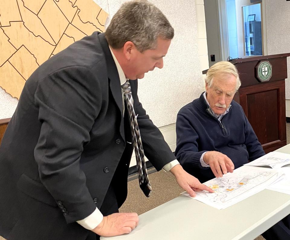 York County Manager Greg Zinser chats about plans for a new substance use recovery center with U.S. Sen. Angus King (I-Maine) during King’s visit to the county in March.