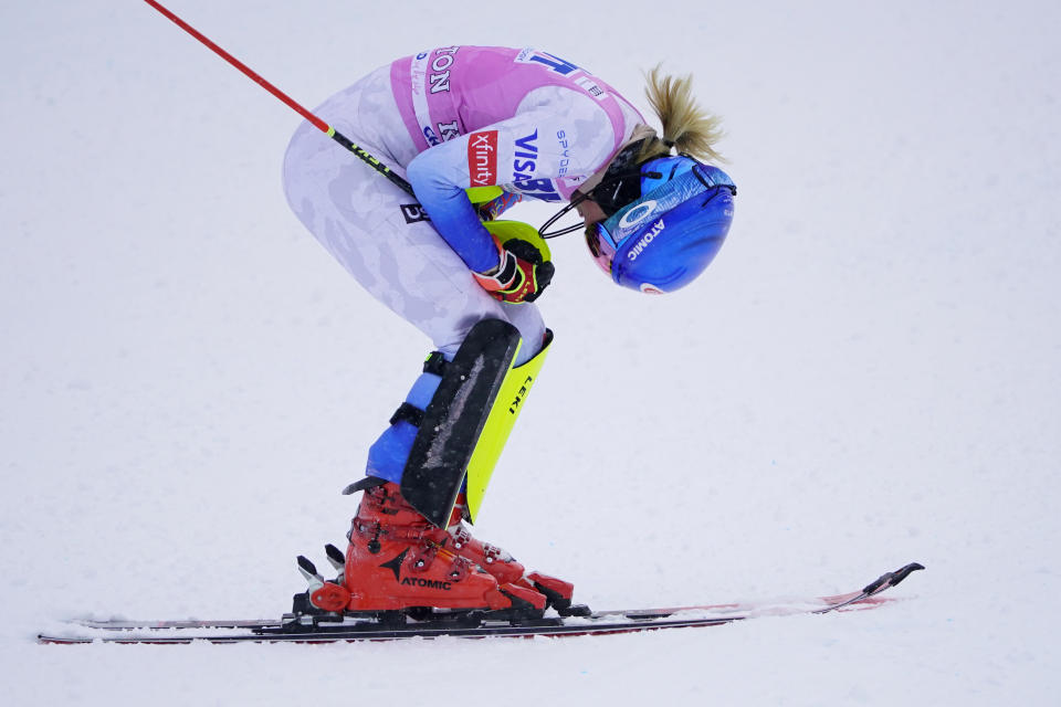 United State's Mikaela Shiffrin reacts after finishing a women's World Cup slalom ski race Sunday, Nov. 28, 2021, Killington, Vt. (AP Photo/Robert F. Bukaty)