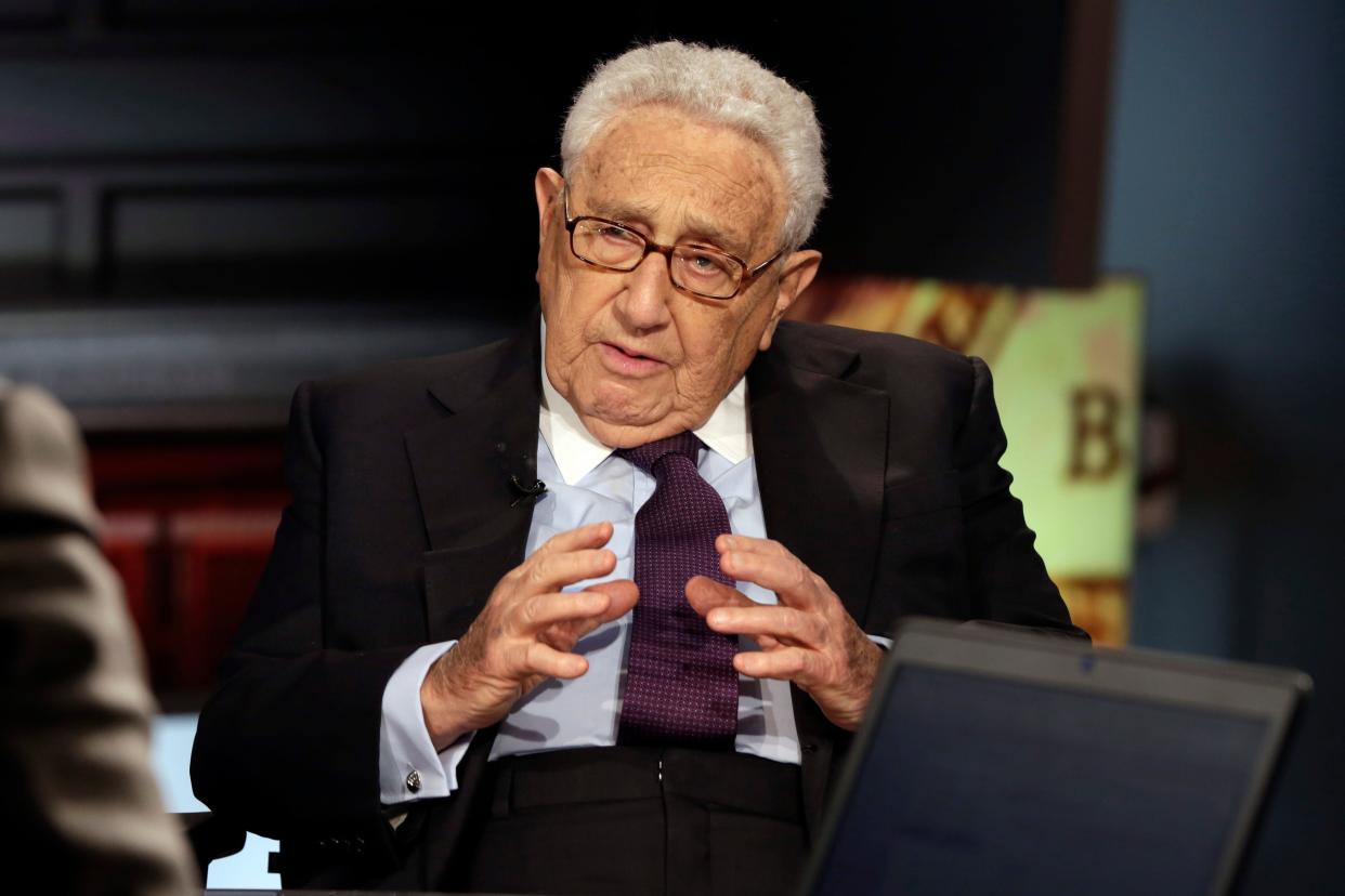 Former U.S. Secretary of State Henry Kissinger is interviewed by Neil Cavuto on his "Cavuto Coast to Coast" program on the Fox Business Network, June 5, 2015, in New York. Kissinger, the diplomat with the thick glasses and gravelly voice who dominated foreign policy as the United States extricated itself from Vietnam and broke down barriers with China, died Wednesday, Nov. 29, 2023. He was 100.