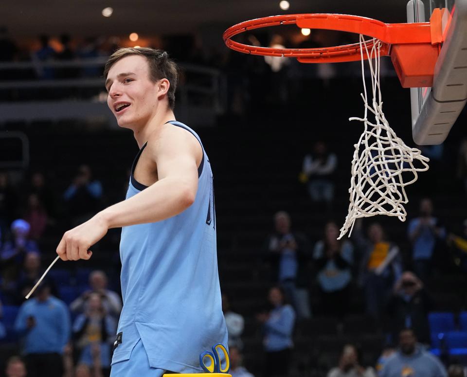 Marquette guard Tyler Kolek (11) celebrates after their game Saturday, March 4, 2023 at Fiserv Forum in Milwaukee, Wis. Marquette beat St. John’s. Marquette won the Big East Conference last week.