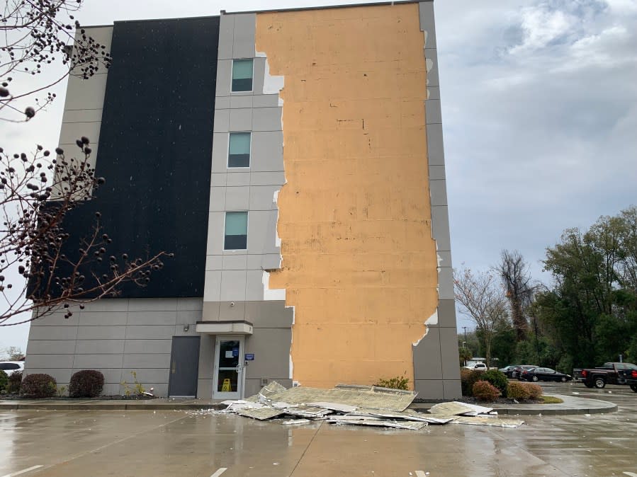 The siding of this hotel was ripped off during severe storms Tuesday morning.