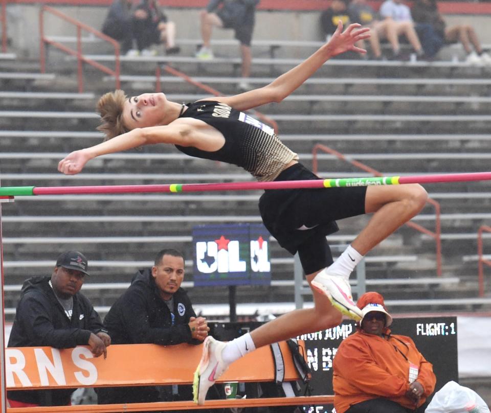 Sudan's Slade Nickels competes in the high jump during the Class 2A UIL State track and field meet on Friday, May 3, 2024 at Mike A. Myers Stadium in Austin.